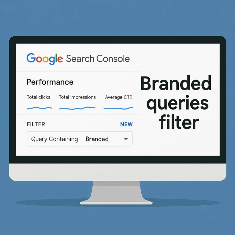 Illustration showing Google Search Console’s new Branded Queries Filter interface on a computer screen.