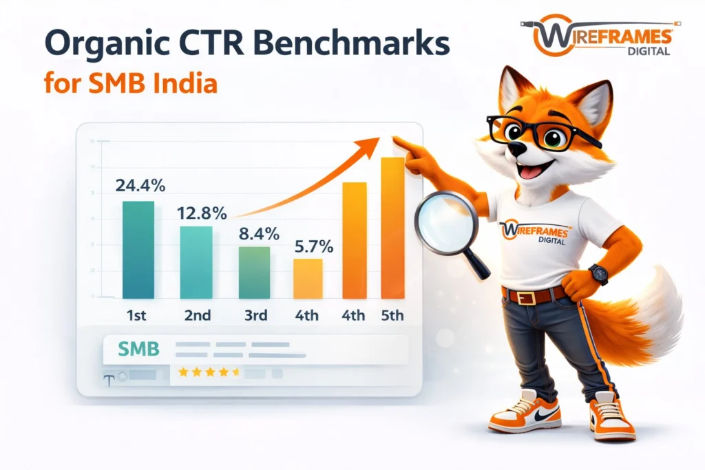 Wireframes Digital fox mascot analyzing bar chart representing Organic CTR benchmarks for SMB India