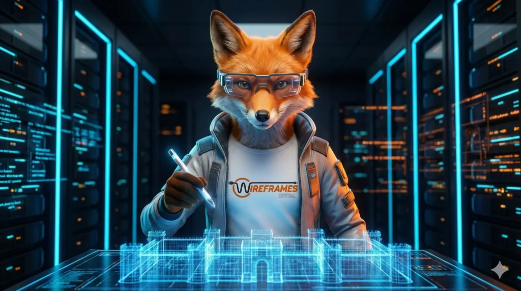 Wireframes Digital fox mascot acting as an elite search architect designing a digital SEO fortress