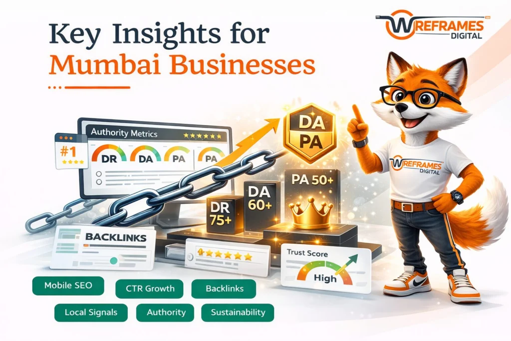 Wireframes Digital fox mascot highlighting authority metrics and backlink growth representing Key Insights for Mumbai Businesses