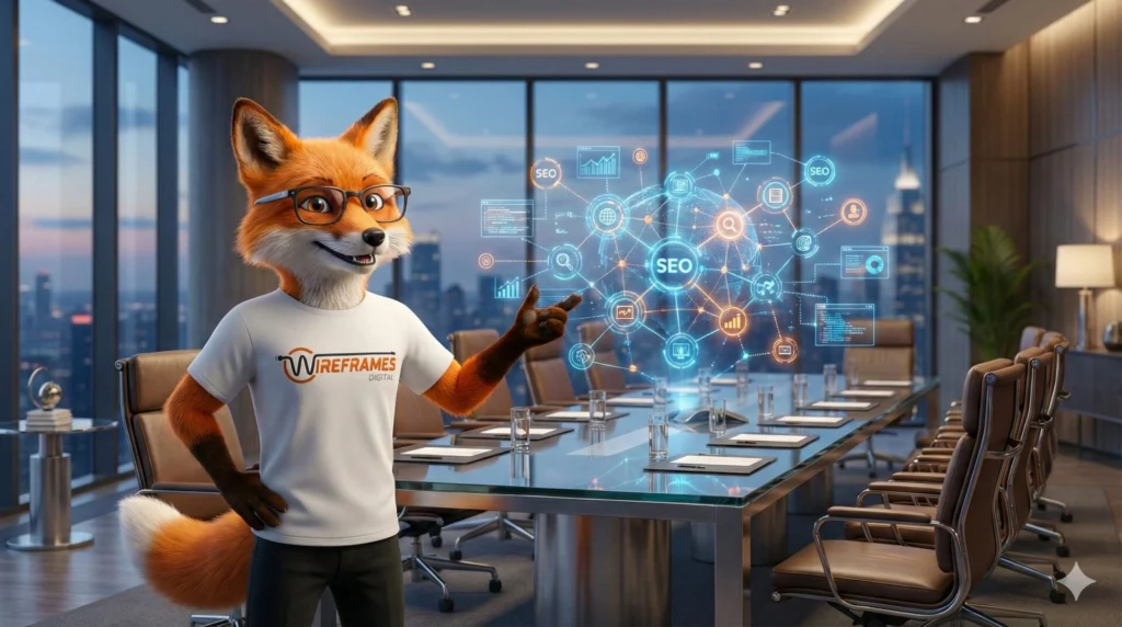 Wireframes Digital fox mascot presenting an enterprise SEO network strategy in a corporate boardroom