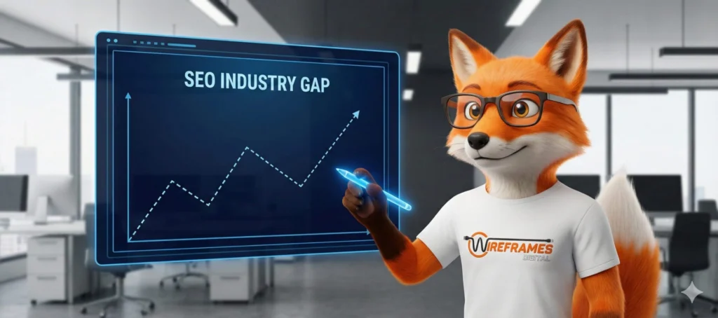 Wireframes Digital mascot analyzing an SEO industry data gap on a high-tech digital screen