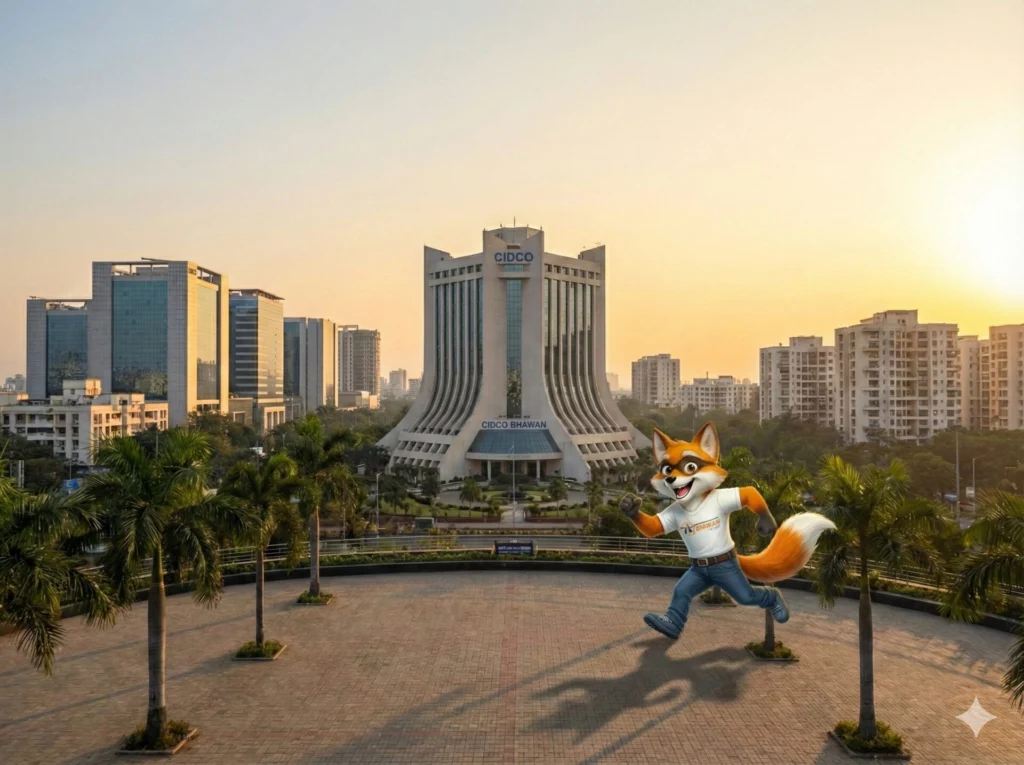 shot of the CBD Belapur skyline or CIDCO Bhawan with wireframes digital's mascot