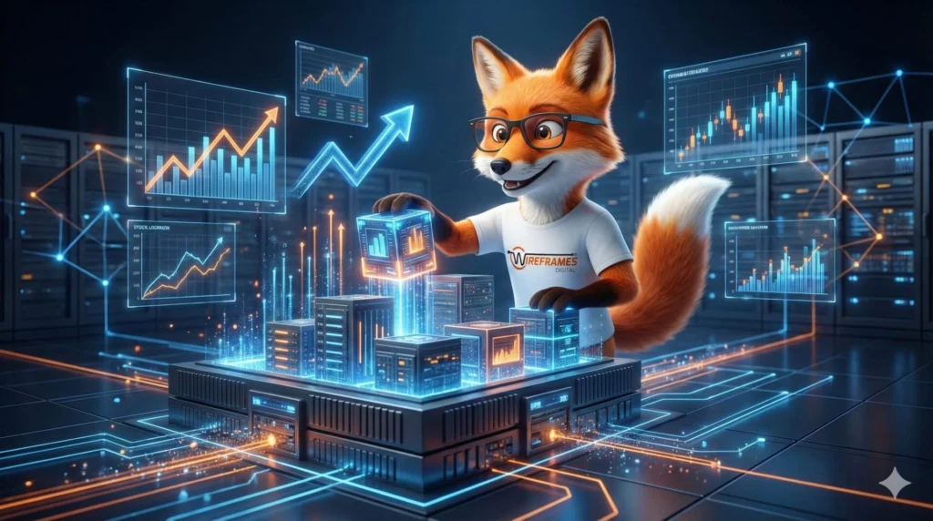 Wireframes Digital Fox Mascot analyzing a B2B search architecture hologram map of the Navi Mumbai commercial corridor