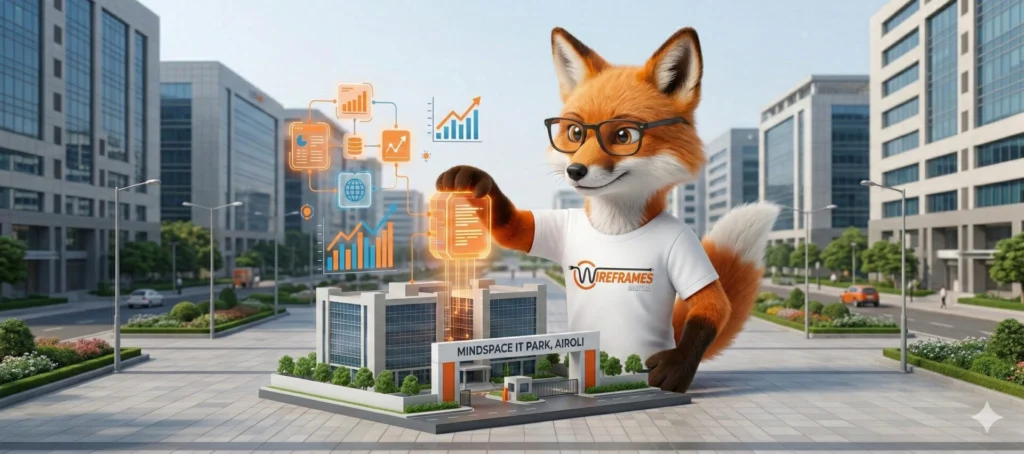 Wireframes Digital Fox Mascot engineering an advanced B2B SEO architecture for enterprise tech companies at the Mindspace IT Park in Airoli, Navi Mumbai