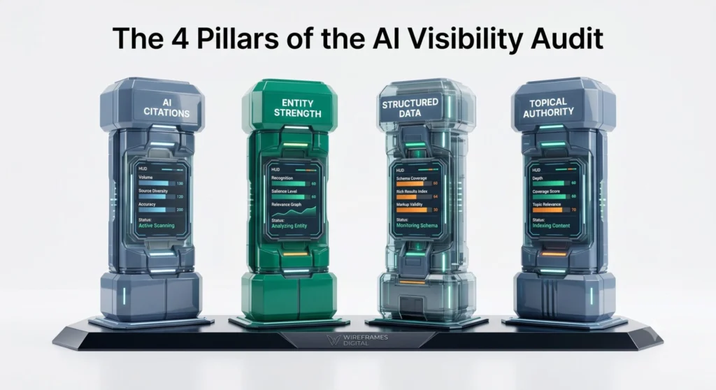 Four architectural pillars representing an AI visibility audit: AI citations, entity strength, structured data, and topical authority
