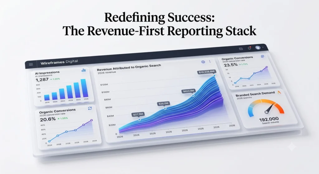 Executive marketing dashboard tracking revenue attributed to organic search, AI search impressions, and branded search demand
