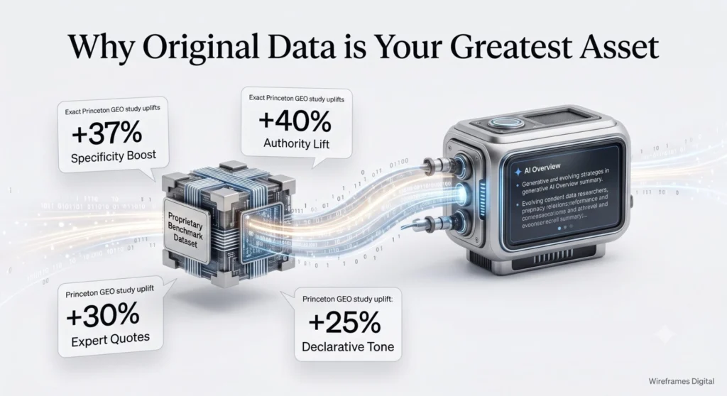 Infographic showing how original data, specific statistics, and authoritative expert quotes increase a brand's citation frequency in AI search engines