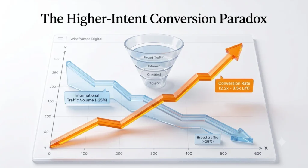 Marketing trend graph illustrating a drop in overall informational traffic alongside a 3.5x increase in conversion rates for AI-referred traffic
