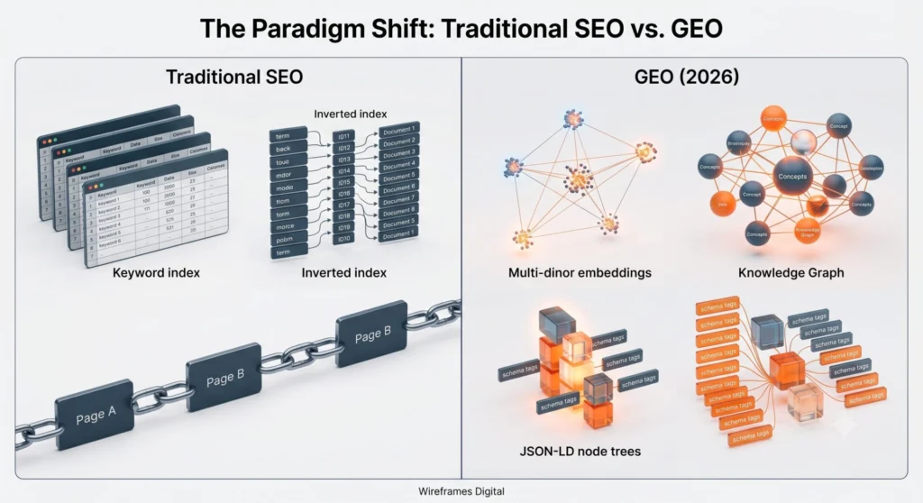 Split-screen diagram contrasting traditional keyword indexing with Generative Engine Optimization using vector embeddings and JSON-LD structured data